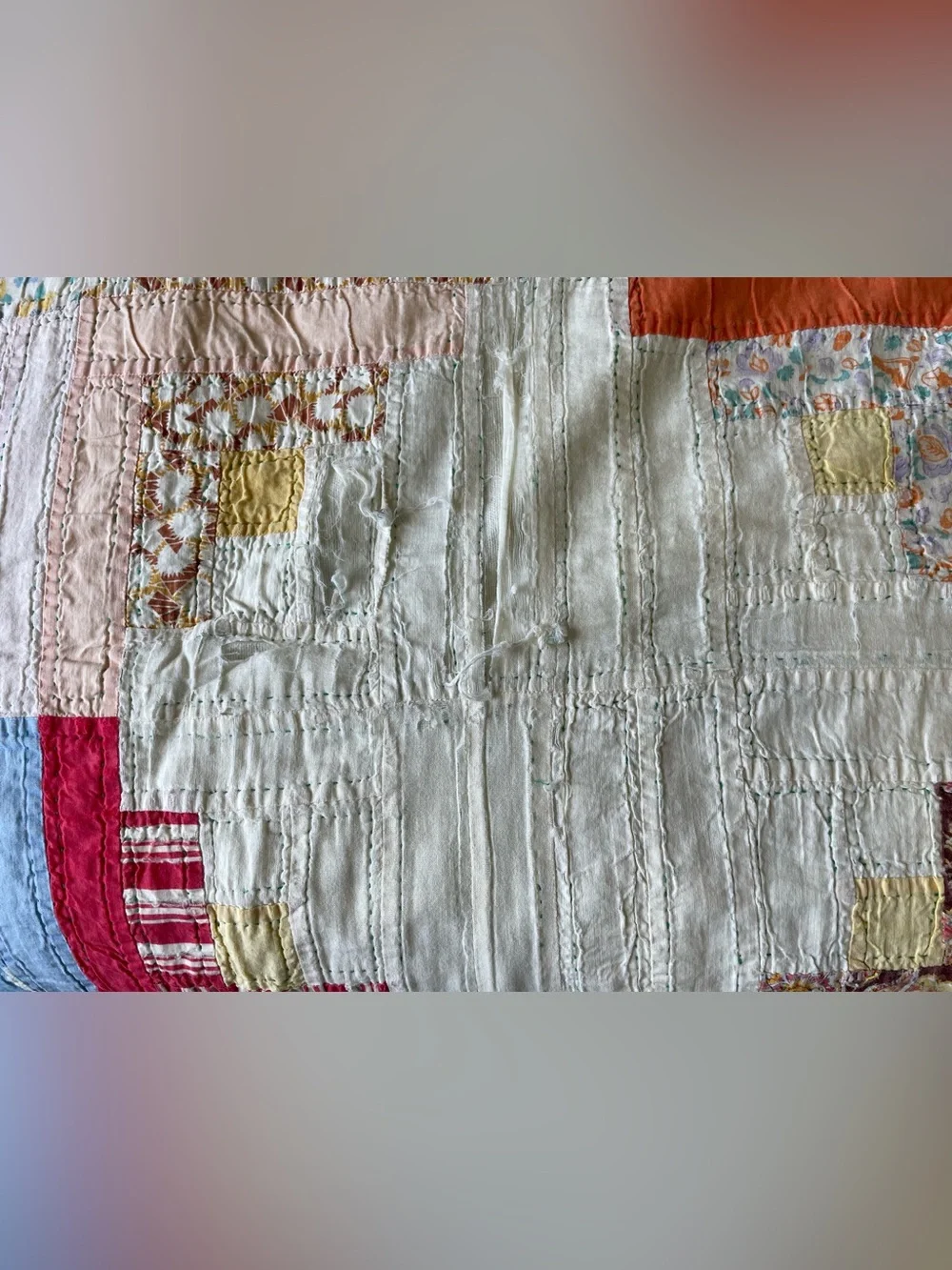 Vintage 1930s 40s Feedsack Log Cabin Quilt Hand Quilted Cutter Folk Art